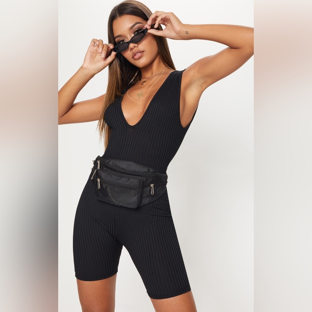 PrettyLittleThing Black Ribbed Jumpsuit